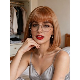NJJYXH 14 Inches Strawberry Blonde Wigs for Women Short Straight Bob Wig with Neat Bangs Synthetic Hair for Daily Use,Cosplay, Halloween