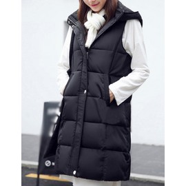 SCUSTY Womens Long Puffer Vest Sleeveless Puffy Padded Coats Quilted Vests Jackets with Hood(Black-S)