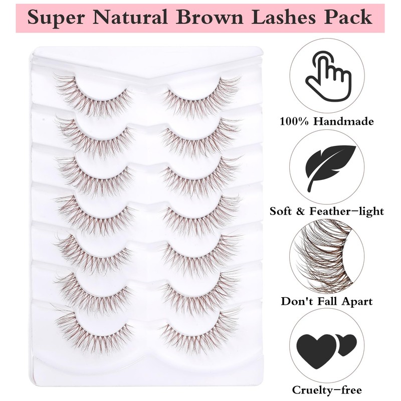 7 Pairs Brown Lash Strips, Natural Cat Eye False Lashes