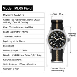 Militado ML05 38mm VH31/VH60/515 Quartz Watch - Domed Sapphire Glass Field C3 Super Luminous Retro Sweep Watch for Men 100M Water Resistant, Black Yellow / No Logo / Date / 515, Strap.
