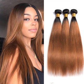 Straight Bundles Human Hair 24 26 28Inch Light Brown Human Hair 3Bundles Brazilian Virgin Hair Weave for Black Women （#30）