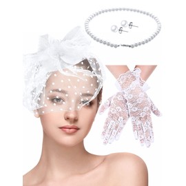 Honoson Honoson 4 Pcs white Fascinators Hats Set for Women 20s 50s Tea Party Headpiece Veil Lace Glove Pearl Necklace Earrings for Valentine's Day Cocktail Tea Party Wedding