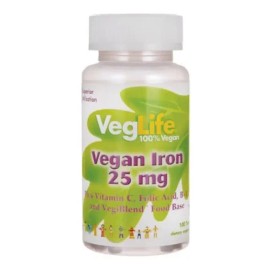 VegLife Hierro Vegano 25mg + Vitamina C, Vitamina B12 Acido Folico 100 Tabletas