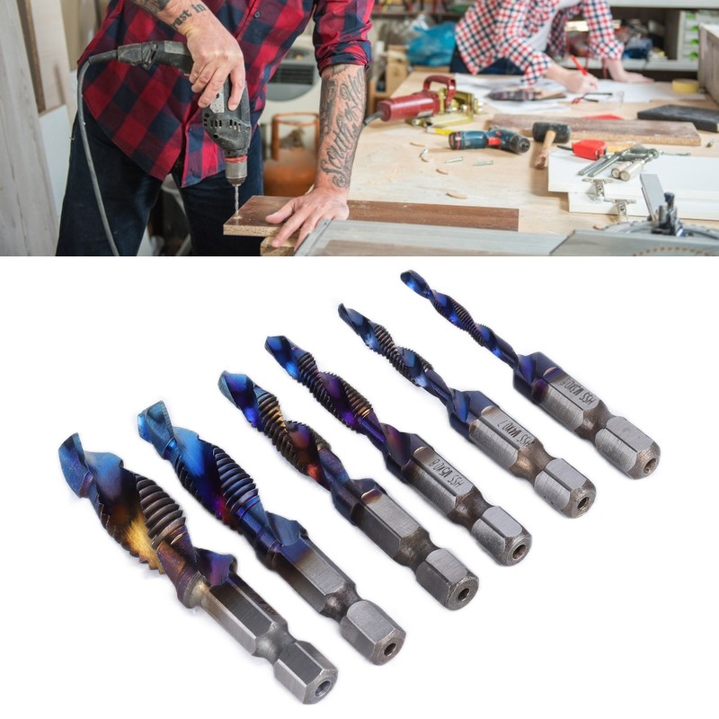 6pcs Spiral Tap Drill Bit Set Blue Plating Coating Hex