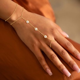 Risamil Gold Hand Chain Bracelets for Women Trendy, Dainty 14K Gold Plated CZ Diamond Finger Ring Bracelet Simple Layered Stackable Bead Chain Link Bracelets for Women Jewelry Gifts