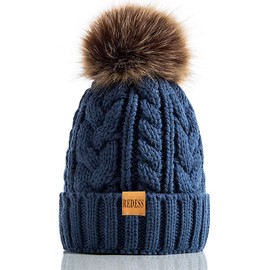 REDESS Women's Winter Bobble Beanie Hat with Warm Fleece Lining, Thick Slouchy Snow Knit Skull Ski Cap, 1#Dark Denim