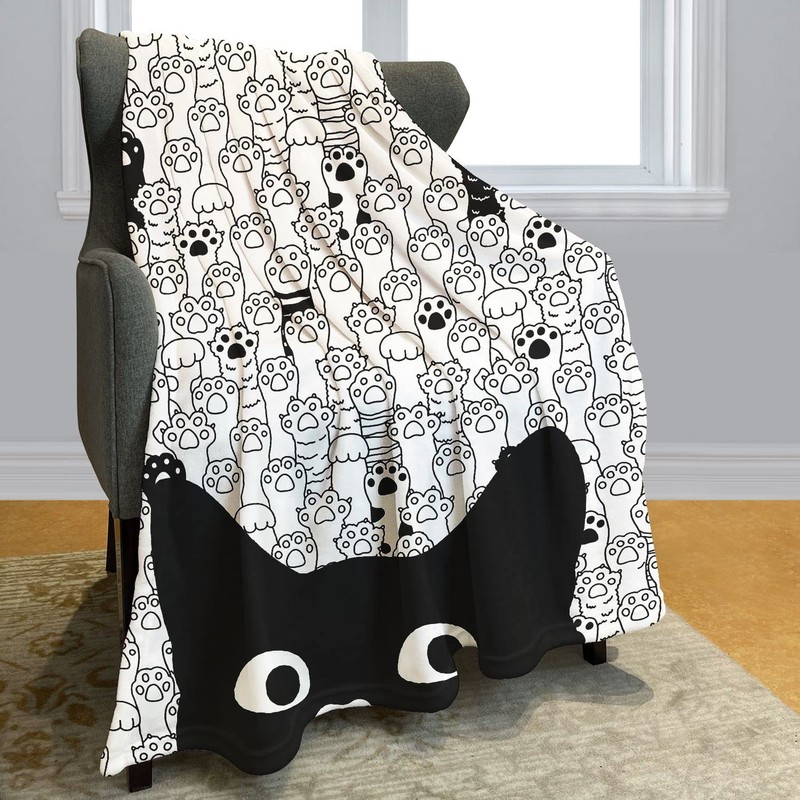 YISUMEI Cat Paw Throw Blanket Black Cat Pattern Paw Sketch