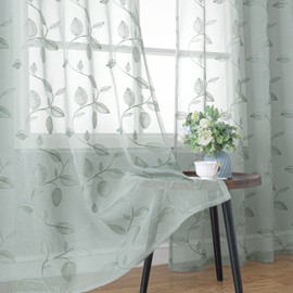 BGment Sage Green Embroidered Leaf Sheer Curtains 90 Inch Length - Light Filtering Pattern Floral Grommet Semi Sheer Voile Window Curtains for Living Room/Bedroom Spring Decor, 2 Panels, 52 Inch Wide