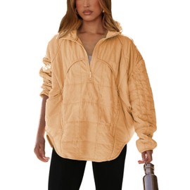 Daacee 2025 Oversized Lightweight Quilted Pullover Jacket for Women Casual Half Zip Up Puffer Jackets Padded Outwear with 4 Pockets(0760-LightOrange-XS)