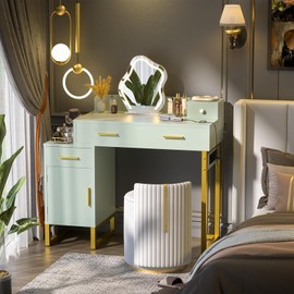 Vanity Desk with 4 Storage Drawers - Modern Makeup Vanity Table with Charging Station, Cyan Vanity Desk with Reversible Cabinet Dressing Table Set with Divided Organizers for Women Girls, Cyan & Gold