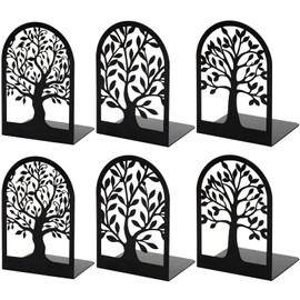 HappyHapi Book Ends, Metal Bookends for Shelves Decorative, Tree Stopper for Heavy Books, Black Ends to Hold Books for Home Office, 6.5 X 4.7 X 3.5 Inch(3 Pairs/6 Pcs, Large)