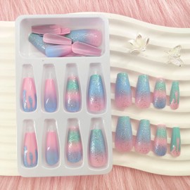 Press on Nails Medium Coffin Fake Nails with Glue Macaron Color Gradient Designs Cute Glue on Nails Medium Length Acrylic Nails Press ons Glitter False Nails for Women 24 Pcs