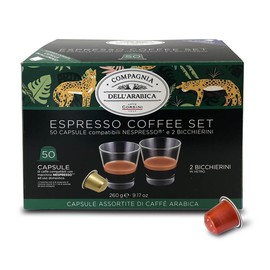 Caffè Corsini - 50 Kapseln Kompatibel mit Nespresso, Sortierte Einzelner Ursprung + 2 Gläser, Geschenkbox, 100% Arabica Kaffee, 5 Boxen mit 10 Kapseln