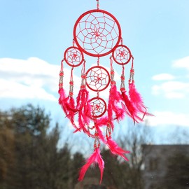 Handmade Bohemian Dream Catcher: Pink Pineapple Ethical Hanging Dreamcatcher Wall Art with Feathers and Silver Beads Traditional Crochet Design - 12cm Wide, 35cm Long (Red)