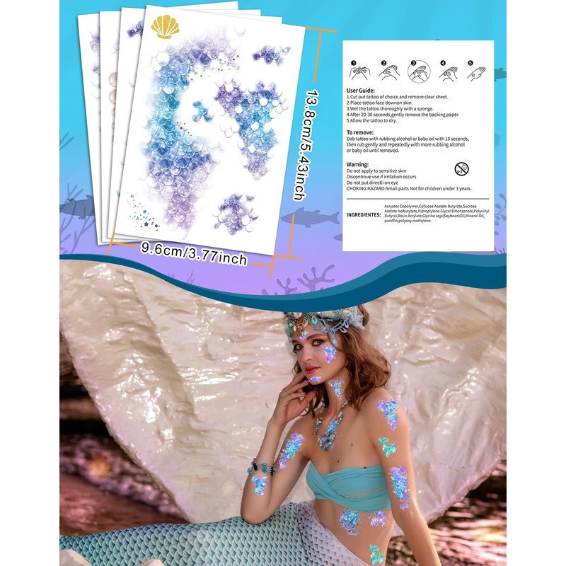 16 Sheets Mermaid Scale Temporary Tattoos - Decoracion De Sirena