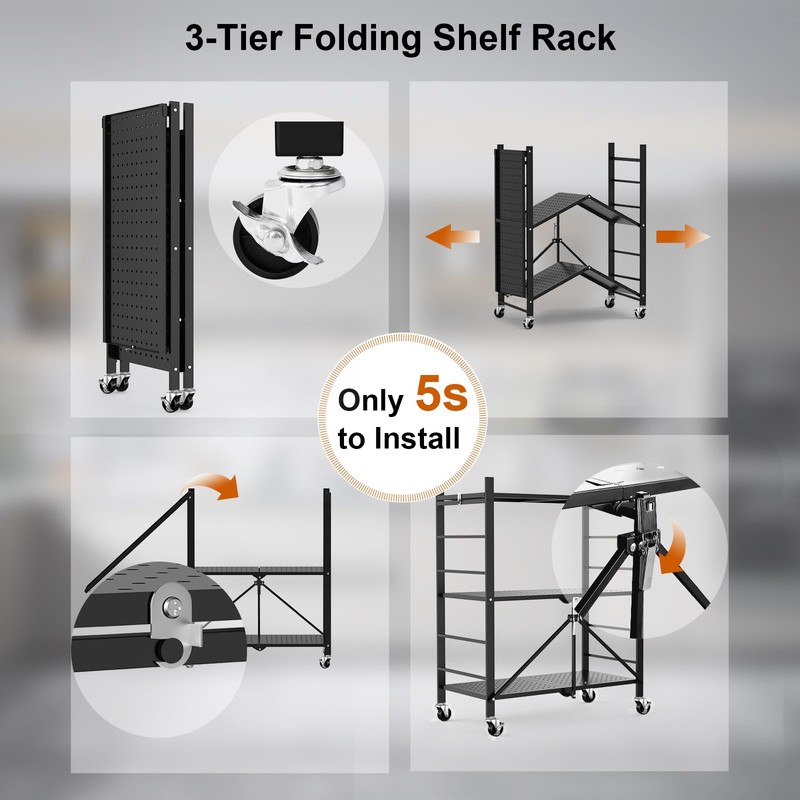 Himix Storage Shelves with 6 Hooks, 3 Tier Foldable Shelf
