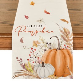 Camino de mesa de otoño Artoid Mode Hello Pumpkin Leaves - Decoración de mesa de comedor de cocina de otoño para decoración de fiesta en el hogar, 13 x 60 pulgadas