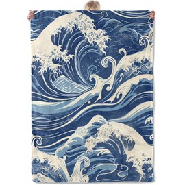Aonimonis Japanese Wave Throw Blanket Gifts for Women Adults Girls, Soft Fuzzy Warm Cozy Flannel Blankets for Bedroom, Travel, Couch, Home Decor 50x60 in