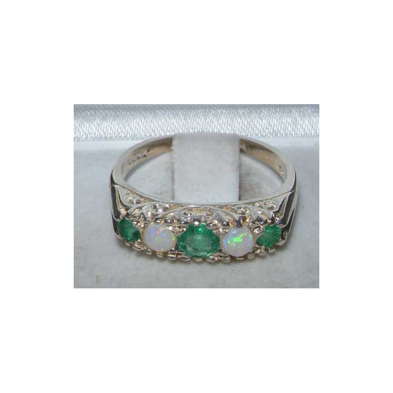 Luxury Solid Sterling Silver Natural Emerald & Opal Victorian Style