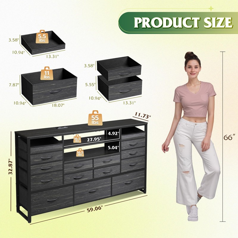 WLIVE Dresser for Bedroom with 15 Fabric Drawers & Adjustable