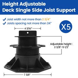 Muzata 5Pack Raising from 2.4" to 5.5" Adjustable Deck Support Pedestal Paver Flooring Joist Unilateral Keel Deck Support Base M065