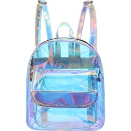 OATIPHO Clear Backpack, Holographic Backpack Shiny Iridescent Bookbag Transparent Small Rave Backpack Fashion Daypack Hologram Travel Makeup Bag