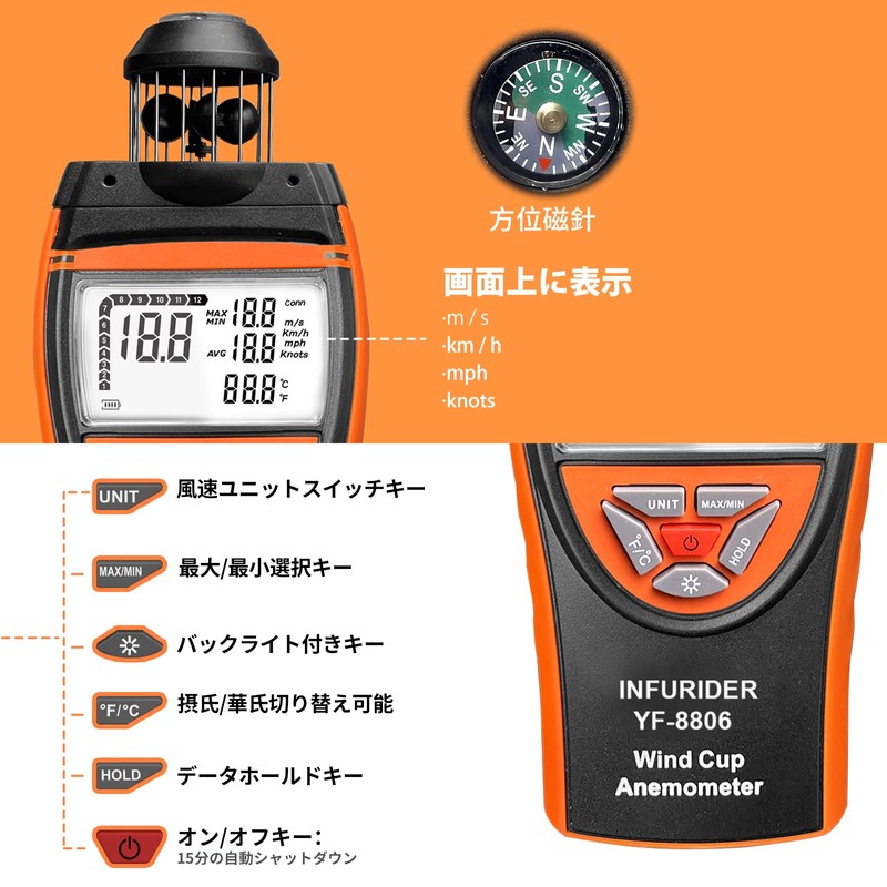 INFURIDER Handheld Digital Cup Anemometer Air Flow Meter Maximum/Min/Average Air