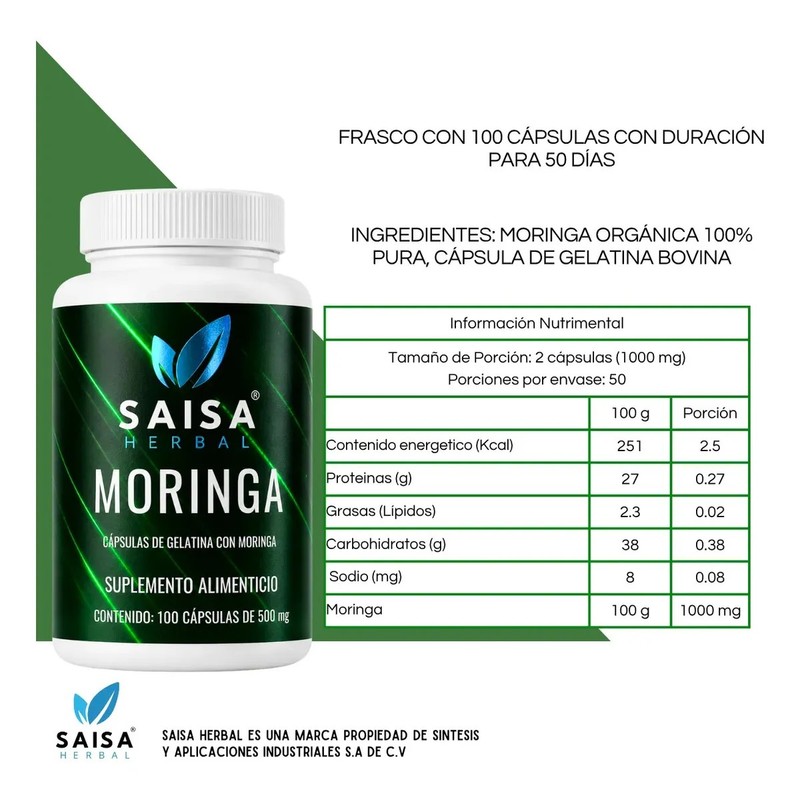 Moringa Saisa Herbal 100 Cápsulas Suplemento Alimenticio