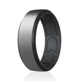 ROQ Silicone Rubber Wedding Ring for Men, Comfort Fit, Men's Wedding Band, Rubber Engagement Band, Enhanced Breathability, Step Brushed Top, 8mm Wide 2mm Thick, Single, Black & Dark Silver, Size 16