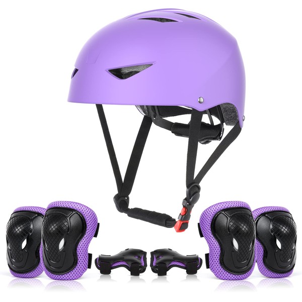 ValueTalks Children's Helmet Skateboard Helmet with Protector Inline Children's Protector Set Protectors Helmet for Inline Skateboard Bicycle Roller Skates 54-58 cm Head Circumference (Purple)