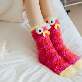 HMRigbly Warm Cozy Fluffy Cartoon Monster Socks Coral Velvet Three Dimensional Funny Winter Socks Fluffy Winter Socks Warm Cozy Socks for Women, red