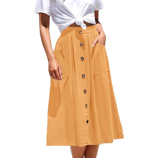 Ladybranch A-line Midi Skirt Elastic Waist Button Front Casual Flared