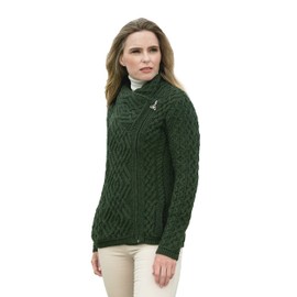 Aran Crafts Women's Irish Cable Knitted Wool Side Zip Cardigan (Z4630-LARGE-AGRE) Army Green