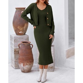 BTFBM Women Fall Knit Sweater Dress Set Bodycon Slit Midi Dresses Button Down Long Sleeve Cropped Cardigan 2 Piece Sets(Army Green, Medium)