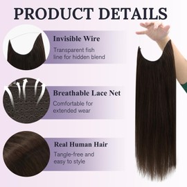 Fshine Invisible Wire Hair Extensions Dark Brown Secret Hairpiece 12 inch 76 G Clip in Wire Hair Extensions Adjustable Fish Line Straight Natural Remy Human Hair for Women