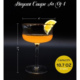 Yaschmo Coupe Glasses Set of 4, Vintage Art Deco 10 Oz Martini Glasses, Hand-Blown Coupe Cocktail Glasses, Lead-Free Crystal, Gold Rim, Cocktail Champagne Glasses, Perfect for Bar, Parties and Gift