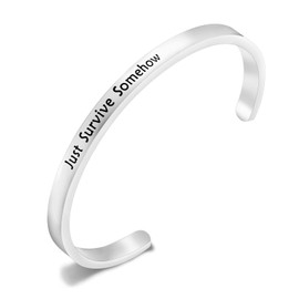 PLITI Just Survive Somehow JSS Inspirational Cuff Bangle Protect Yourself Mantra Bracelets Women (JSS Silver)