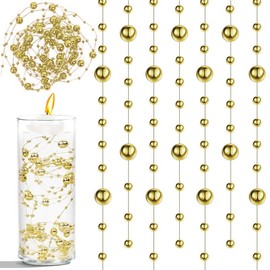 Cusmation 50pcs Pearls String Beads of Pearls, 10+5mm Bright Gold Artificial Pearl String for Floating Candles Centerpieces, Vase Filler, Wedding Centerpiece Christmas Party Decor