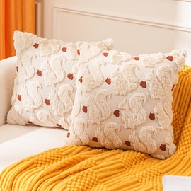 Fall Squirrel Beige Throw Pillow Covers, 18 x 18 Inch Seasonal Autumn Thanksgiving Harvest Soft Plush Faux Fur Jacquard Cushion Case Decoration for Sofa Couch Set of 2