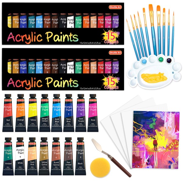 47 Pack Acrylic Paint Set, Shuttle Art 15 Colors (12ml Each, 2Pack) Acrylic Paint with 10 Brushes Painting Canvas Knife Palette Sponge, Complete Gift Set for Kids, Adults Painting Canvas, RockCeramic