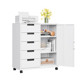 MIIIKO 5 Drawer Storage Cabinet with Door and Shelf, Mobile Lateral Cabinet on Wheels, Office Small Organizer Printer Stand, White File Cabinets