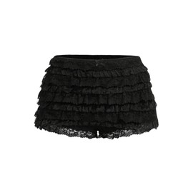 BEAUDRM Women's Y2K Ruffle Lace Shorts Lolita Bloomers Layered Low Waisted Shorts Bow Front Pumpkin Short Pants Black Large