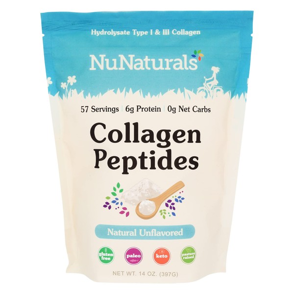 NuNaturals Collagen Peptides Powder (Type I, III), for Skin, Hair, Nail, and Joint Health, 14 oz
