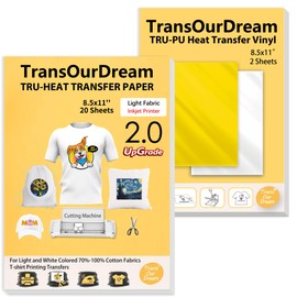 TransOurDream Tru-Iron on Heat Transfer Paper for Light Fabric (20 Sheets, 8.5x11") Printable Iron on Transfers Paper for Inkjet Printer & Heat Transfer Vinyl for T Shirts (2 Sheets, 8.5x11")