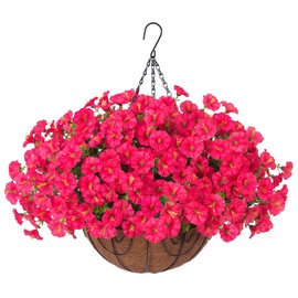 Artificial Faux Hanging Plants Flowers Basket for Outdoor Outside Spring Summer Decoration, Silk Morning Glory in Planter UV Resistant Look Real Fake Flower for Porch Patio Balcony Home Yard, Hot Pink