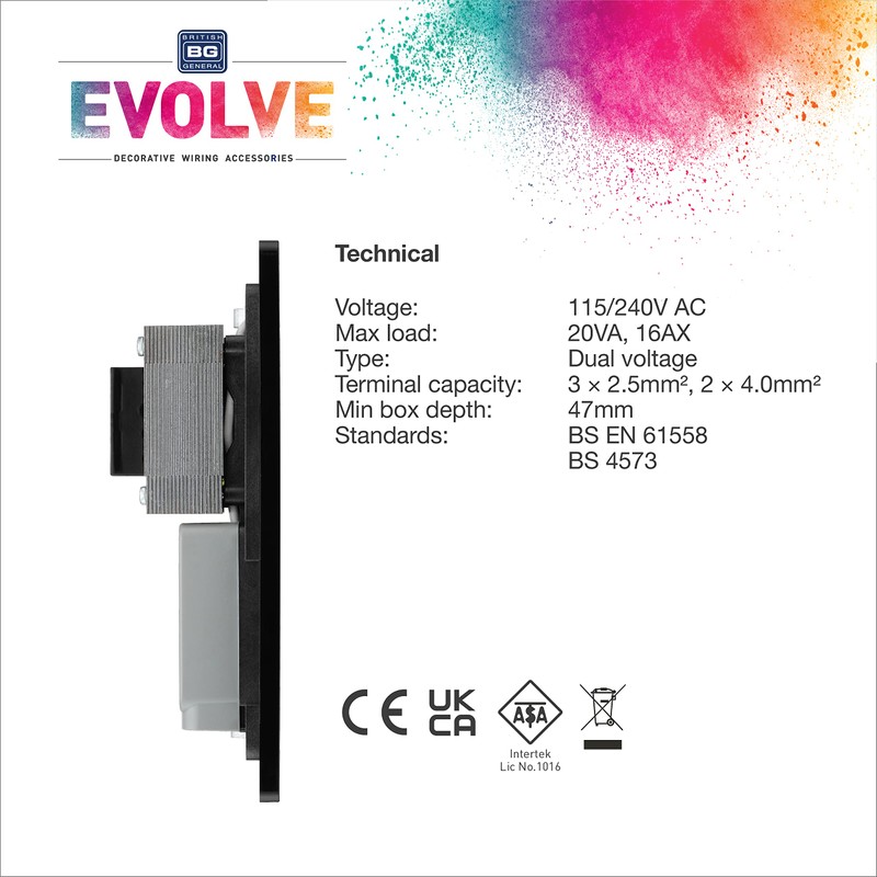 BG Evolve Black Chrome (Black) Dual Voltage Shaver Socket 115/240V