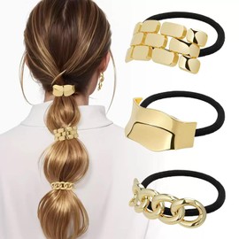 Duleylv 3 PCS Metal Hair Ties Gold Hair Cuffs Hair Accessories Headbands for Women Ponytail Holders Stretchy and Non-Damage Hair Bands Set 24