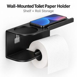 Wall-Mounted Toilet Paper Holder with Shelf – Carbon Steel Bathroom Roll Holder for Tissue, Phone & Small Essentials, Black