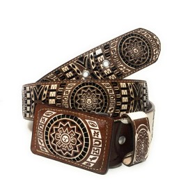 NELIDAS SOUTHERN IMPORTS MEN'S AZTEC CALENDAR WESTERN LEATHER BELT. CINTO VAQUERO CALENDARIO AZTECA - 42