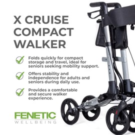 Fenetic Wellbeing Rollator Walkers for Seniors with Seat Lightweight Foldable - All Terrain Rollator for Travel & Storage - Height Adjustable Handles, Easy-Lock Brakes & Storage Bag - Supports 266lb
